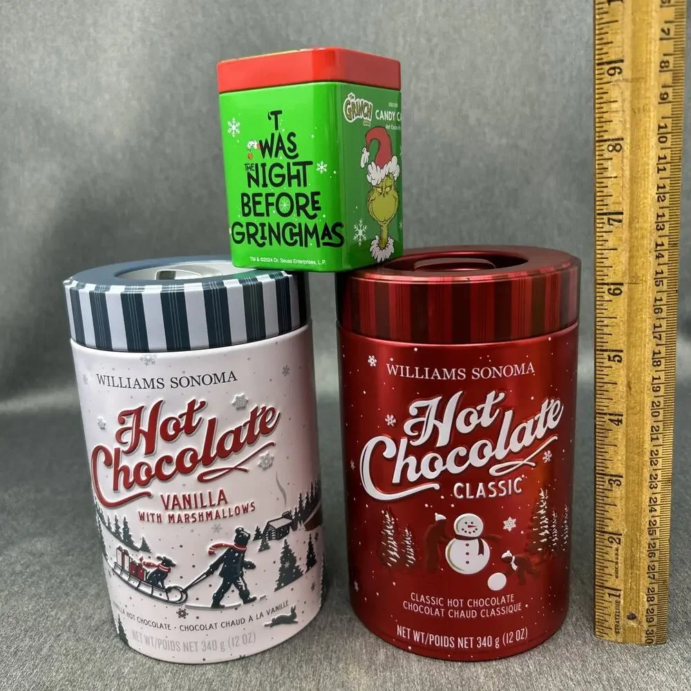 3pc Christmas Tin Bundle Williams & Sonoma Hot Chocolate + Mini Grinch Tin EMPTY
